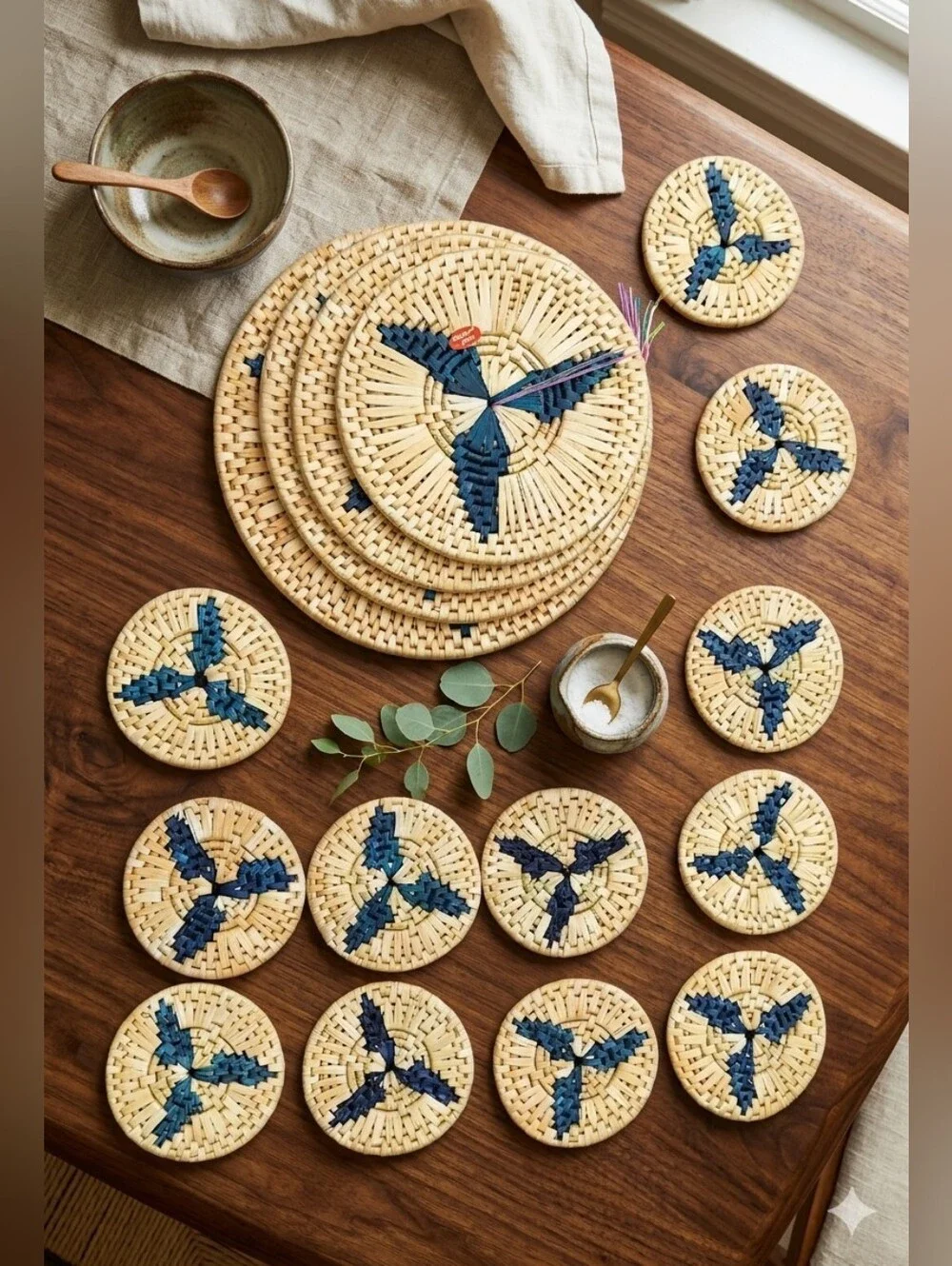 Handwoven Rattan Boho Blue Accent Coasters and Trivets - Set of 16